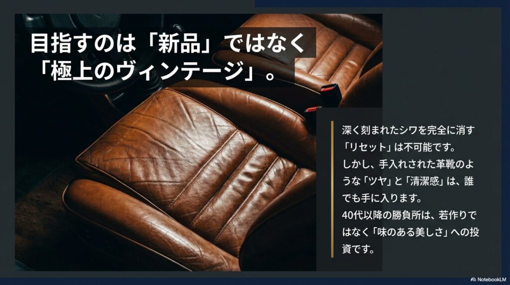 40代以降はシワを消すリセットではなく、革靴のように手入れされたツヤと清潔感を目指すべきというスライド