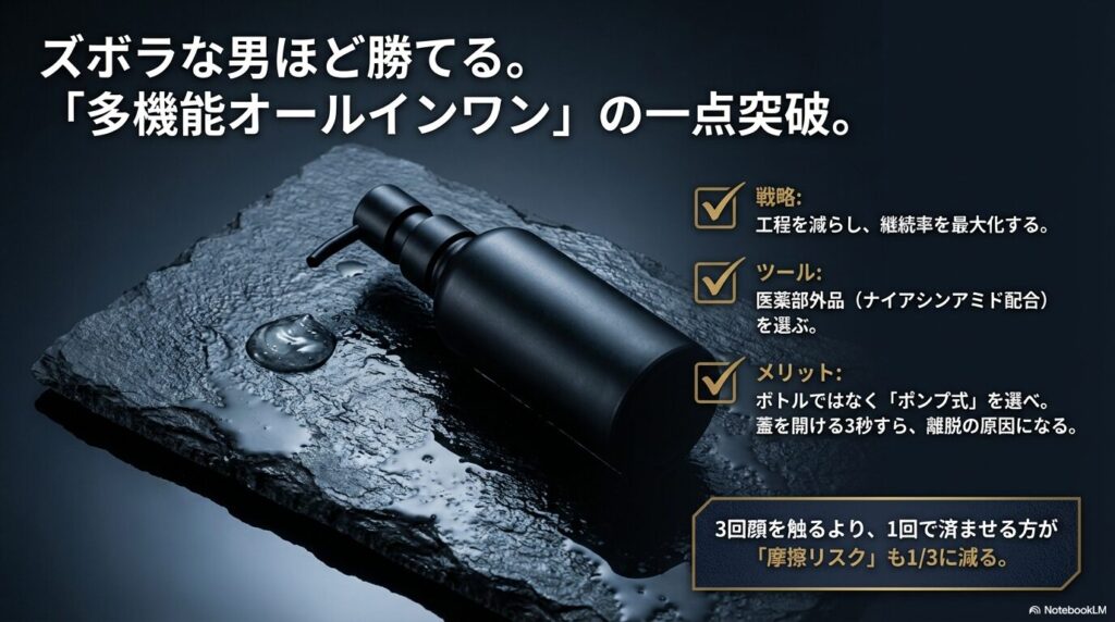 ズボラな男性ほど、工程が少なく摩擦リスクも減らせるポンプ式のオールインワンジェルを選ぶべきという戦略