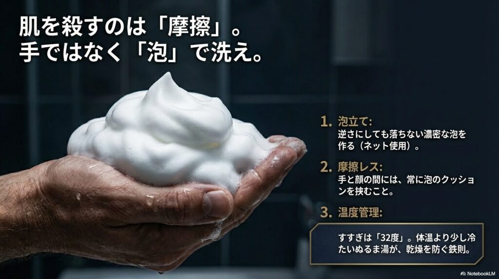 1.濃密な泡立て、2.摩擦レスな洗い方、3.32度のぬるま湯ですすぐ、という正しい洗顔方法の図解
