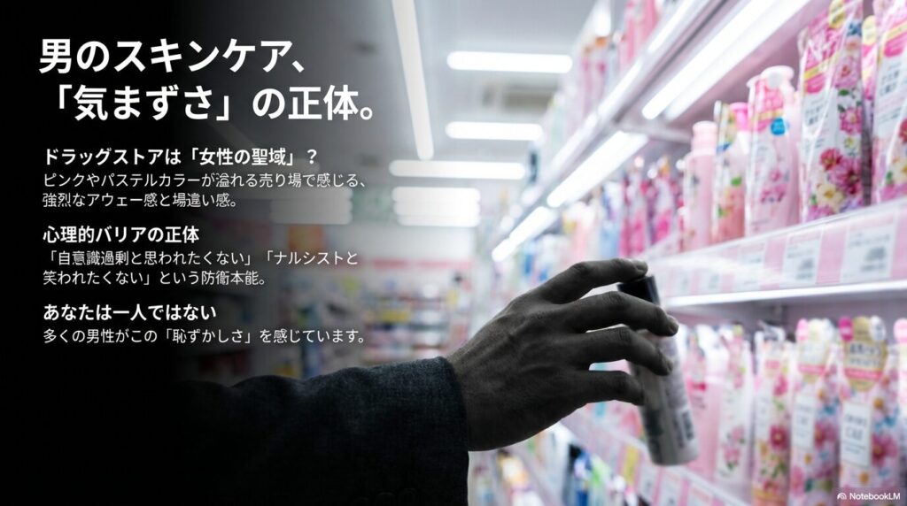 ドラッグストアで感じるアウェー感や、「自意識過剰と思われたくない」という男性特有の防衛本能を図解したスライド