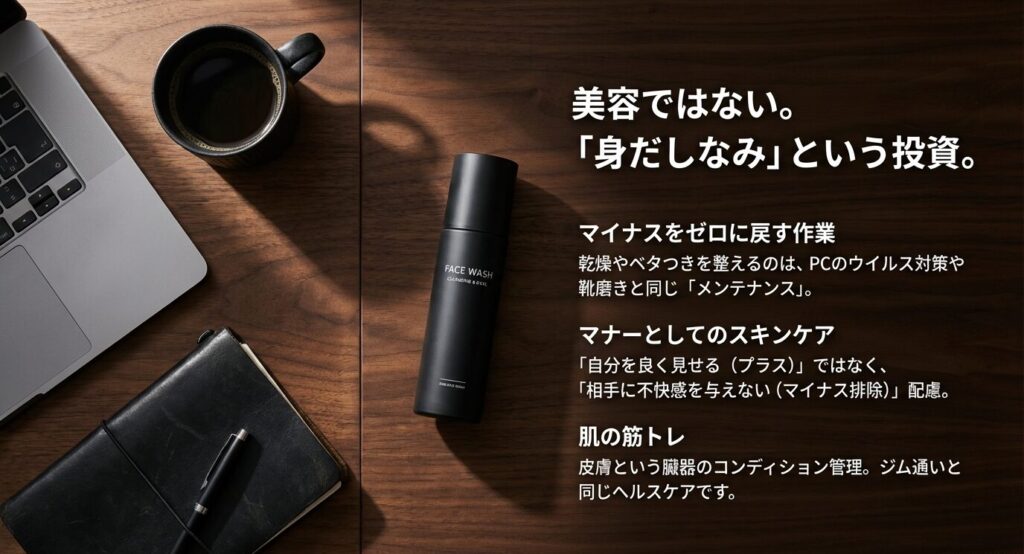 スキンケアを「マイナスをゼロに戻す作業」や「PCのウイルス対策」と同じメンテナンスであると定義し、マナーとしての重要性を説く図