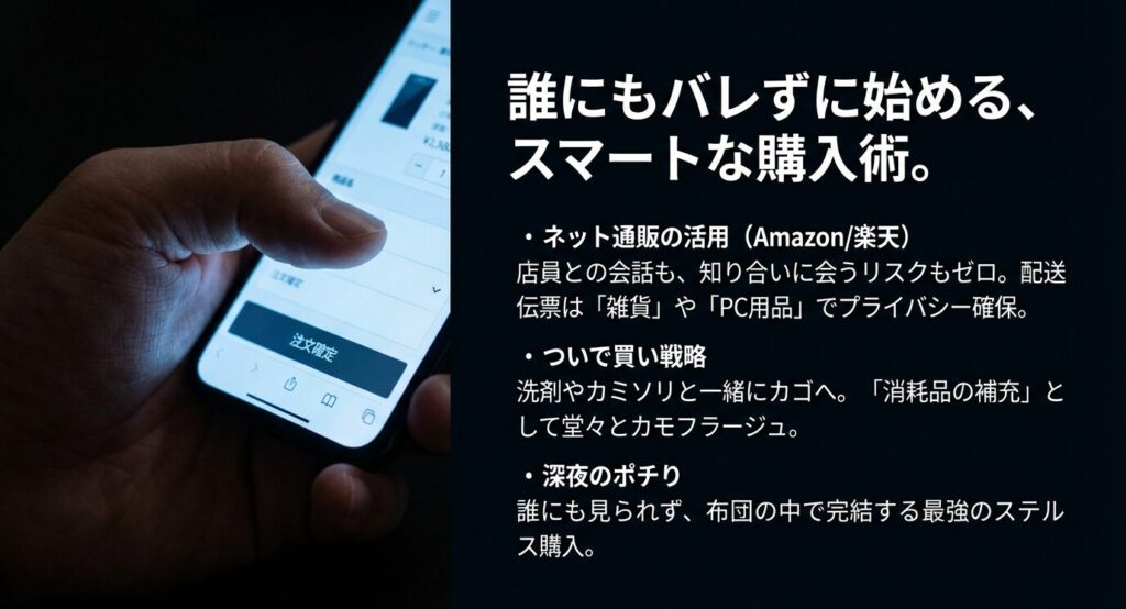 ネット通販の活用、日用品とのついで買い、深夜の購入など、周囲にバレずにスキンケア用品を入手する「ステルス購入術」