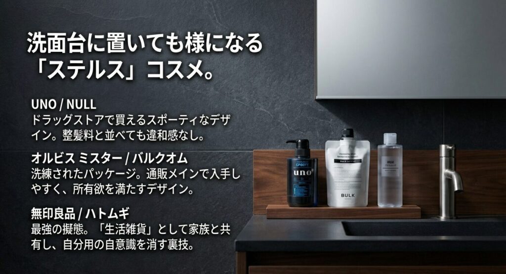 UNO、NULL、オルビス、バルクオム、無印良品など、インテリアに馴染みやすく男性が持っていても違和感のない具体的な商品紹介