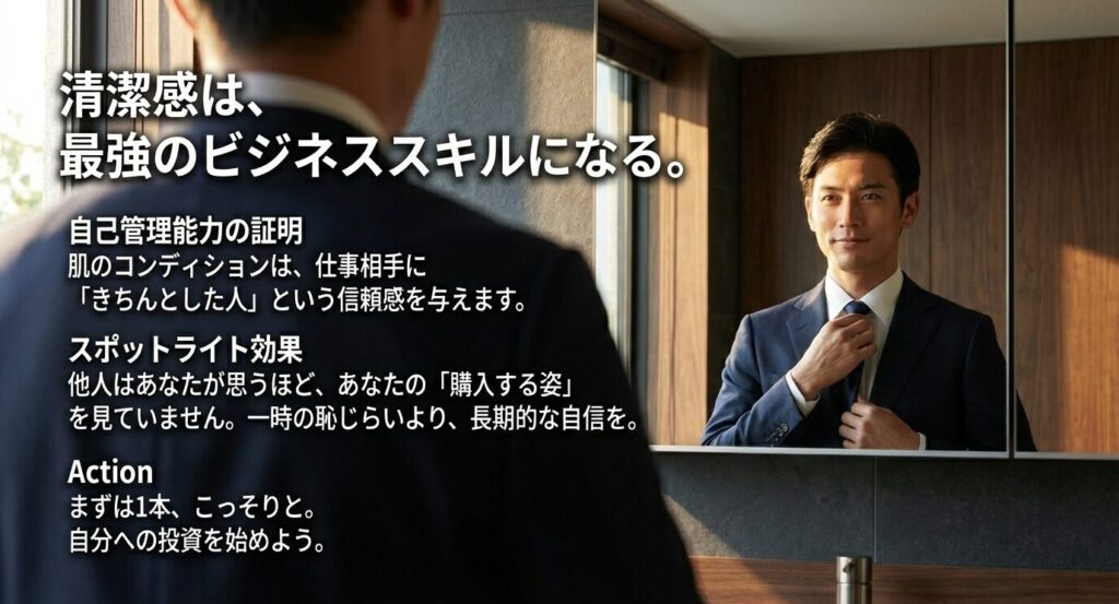 肌のコンディションが自己管理能力の証明となり、仕事相手に信頼感を与えることを解説。他人は思うほど自分を見ていないという「スポットライト効果」についても言及