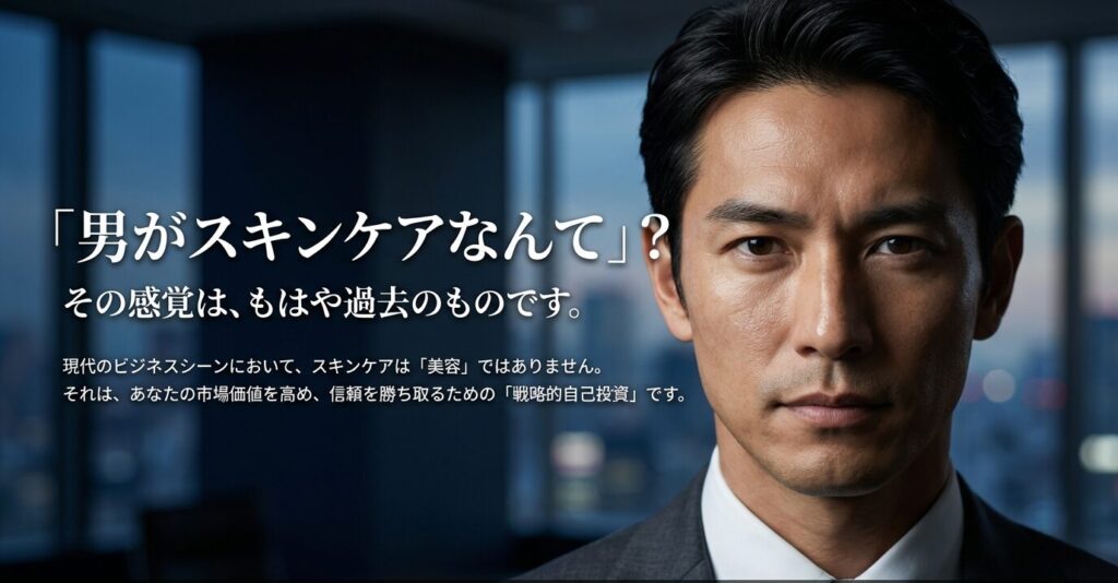 現代のビジネスシーンにおいて、スキンケアは美容ではなく、市場価値と信頼を高めるための戦略的自己投資であるというメッセージ