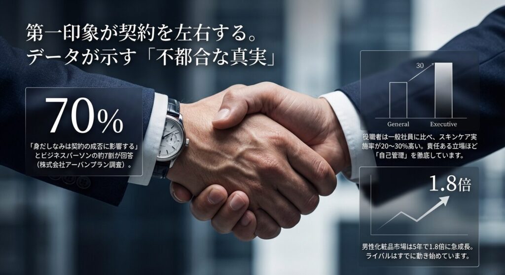 身だしなみが契約に影響すると回答した割合が70%、役職者のスキンケア実施率の高さ、男性化粧品市場が5年で1.8倍に成長していることを示す3つのグラフ