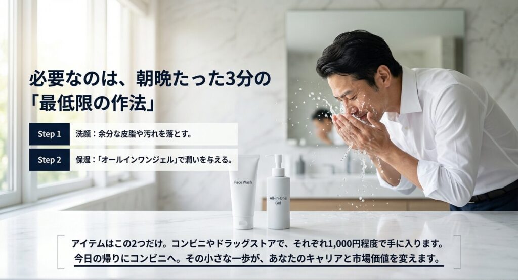 洗顔で汚れを落とし、オールインワンジェルで保湿するだけの、たった2アイテム・3分で完了する忙しい男性向けのスキンケアメソッド