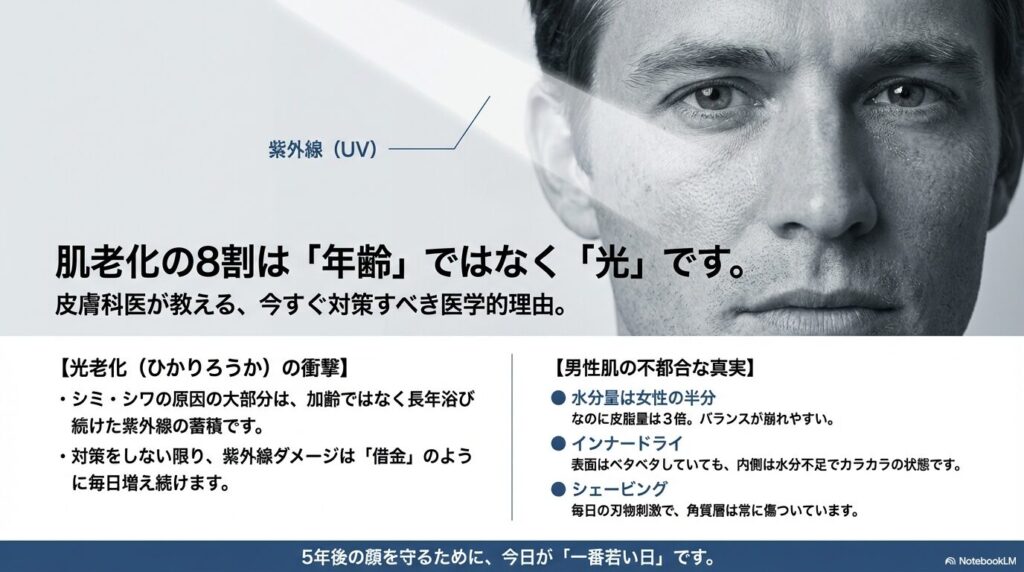 肌老化の主原因である紫外線ダメージ（光老化）の解説と、水分量が少なく皮脂量が多い男性肌のインナードライ構造を示した図解