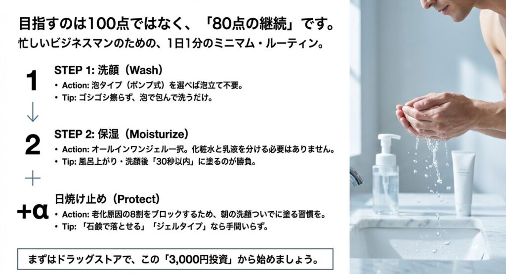 泡洗顔、オールインワン保湿、日焼け止めの3ステップで完結する、80点を目指すための効率的なスキンケア・ルーティン