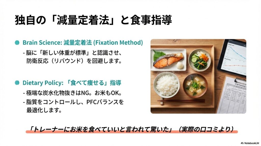 脳に新しい体重を定着させる独自のメソッドと、極端な炭水化物抜きを行わずお米も食べる食事指導の方針をまとめたスライド