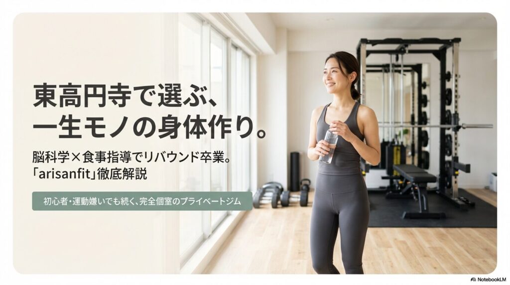初心者や運動嫌いでも続くと評判の東高円寺のパーソナルジムarisanfit。脳科学と食事指導でリバウンドを卒業するというコンセプトスライド