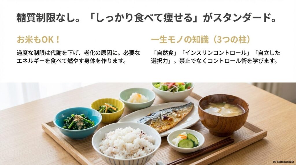 お米もOKな「食べて痩せる」指導方針と、一生モノの知識となる「自然食」「インスリンコントロール」「自立した選択力」の3つの柱