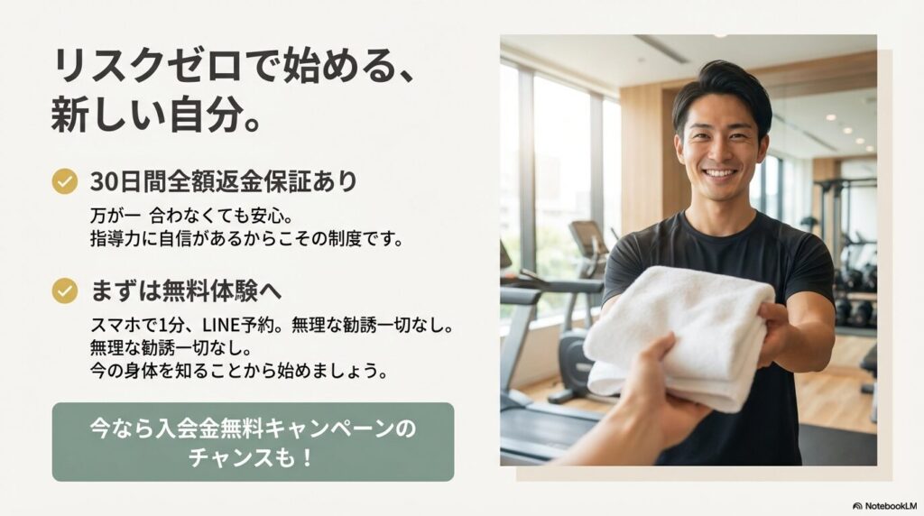 30日間の全額返金保証制度や無料体験の案内、スマホで1分で完了するLINE予約、入会金無料キャンペーンなどの特典情報