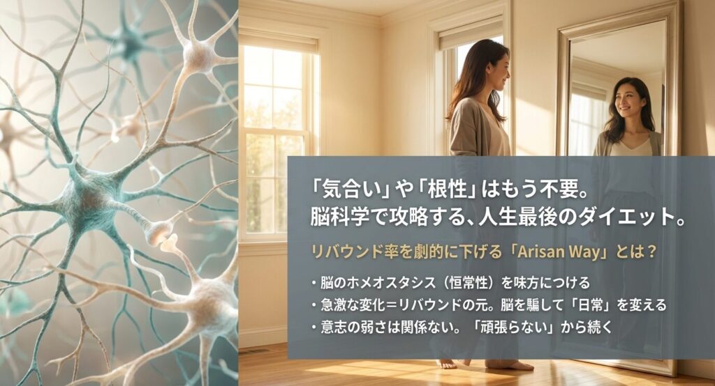 「気合い」や「根性」に頼らず、脳のホメオスタシス（恒常性）を利用してリバウンドを防ぐ「Arisan Way」の3つのポイント解説。