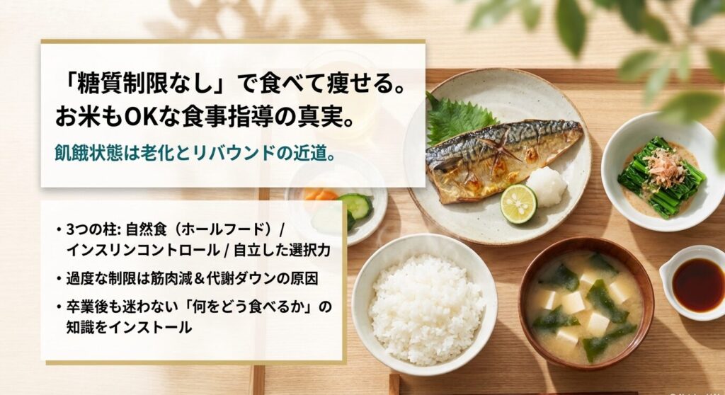 過度な糖質制限を行わず、自然食やインスリンコントロールによって「食べて痩せる」ための3つの柱と、一生モノの食事知識について。
