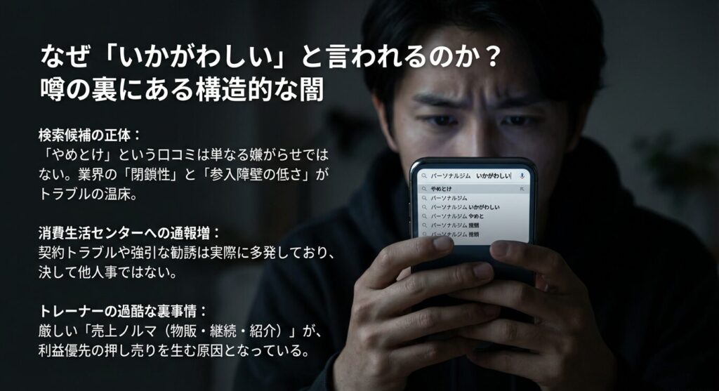 「やめとけ」という検索候補が出る背景にある、業界の閉鎖性やトレーナーに課される過酷な売上ノルマ（物販・継続・紹介）の構造図。