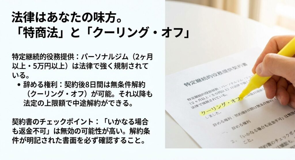 パーソナルジム契約に適用される特定商取引法、8日間のクーリング・オフ制度、および中途解約の権利に関する法的知識のまとめ。