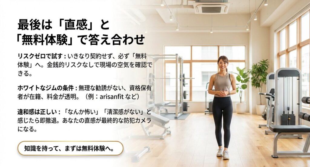 リスクゼロで現場の空気を確認するための無料体験の活用法と、無理な勧誘がない「ホワイトなジム」を見極めるための条件。