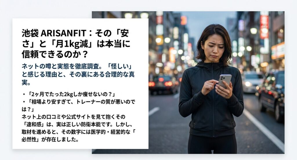スマホを見て不安そうな表情をする女性と、ARISANFITの安さや減量ペースに対するネット上の噂(2ヶ月で2kgしか痩せない等)についての疑問提起。