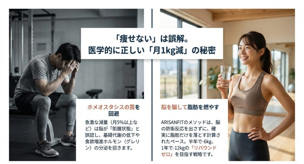 急激な減量が招く「ホメオスタシスの罠(飢餓状態)」と、それを回避して脂肪だけを確実に落とすARISANFITの計算された減量ペースの解説。