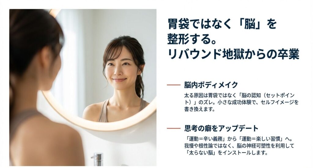 鏡の前で自信に満ちた笑顔を見せる女性。太る原因である脳の認知(セットポイント)を書き換え、運動を楽しい習慣に変える思考のアップデート法。
