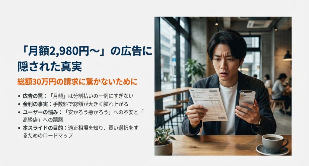 パーソナルジムの広告によくある「月額表記」は分割払いの一例であり、金利手数料を含めると総額が高くなる仕組みと、ユーザーが抱える「安かろう悪かろう」への不安の解説。