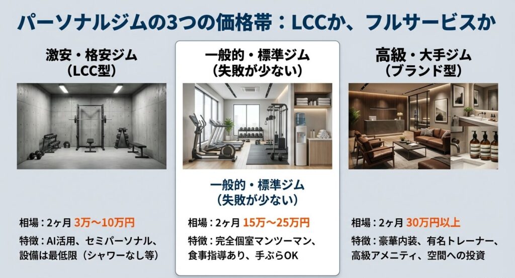 パーソナルジムを「激安・格安ジム（LCC型）」「一般的・標準ジム」「高級・大手ジム」の3つに分類し、それぞれの相場（3万〜30万円以上）と特徴（設備、指導内容）をまとめた比較表。