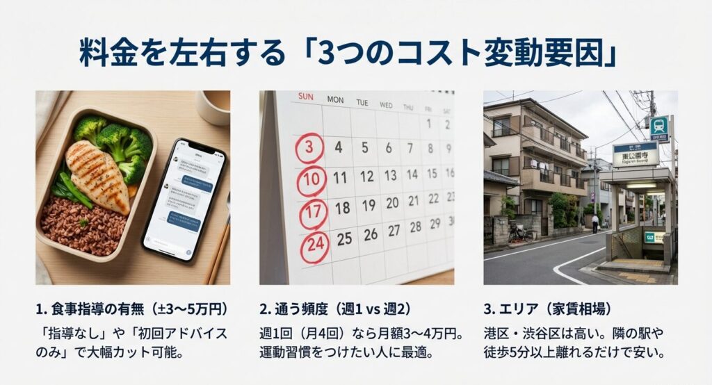 パーソナルジムの料金が変動する主な3つの要素（食事指導の有無、通う頻度、エリアの家賃相場）と、それぞれのコストへの影響度の解説。