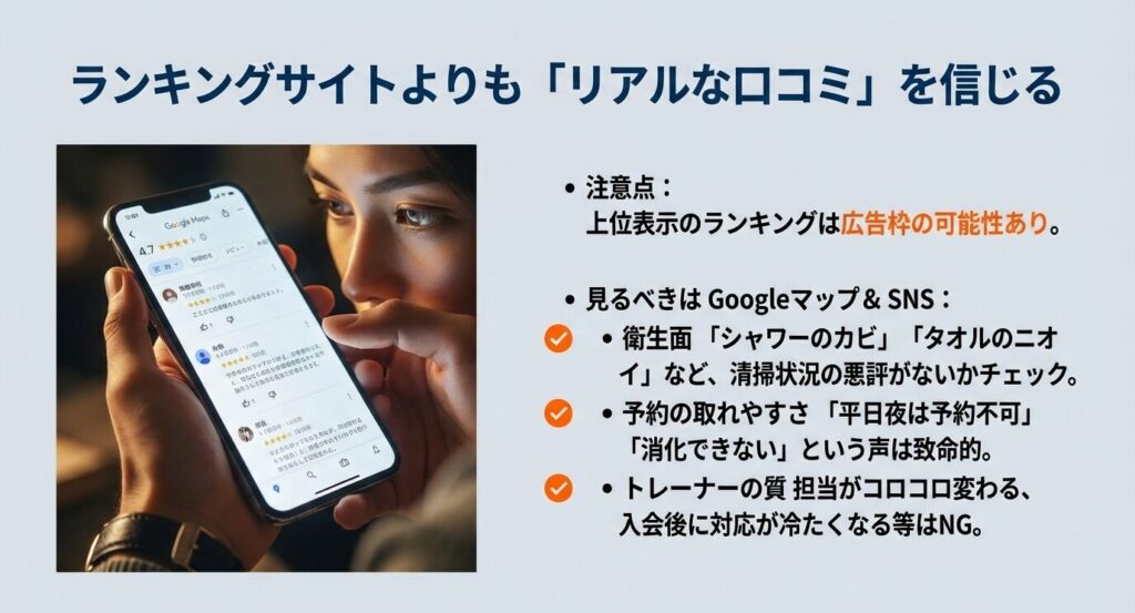 広告枠の可能性があるランキングサイトではなく、GoogleマップやSNSでチェックすべき「衛生面」「予約の取れやすさ」「トレーナーの質」などのリアルな評判ポイント。