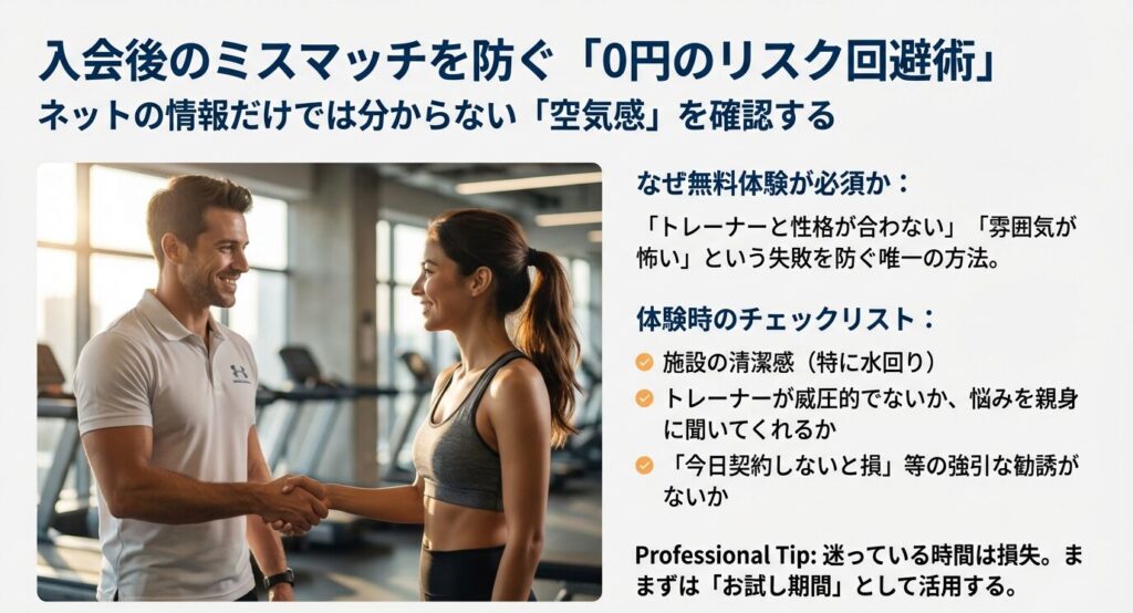 トレーナーとの相性や施設の清潔感を確認するために無料体験が必須である理由と、体験時にチェックすべき具体的なリスト（勧誘の強さなど）。