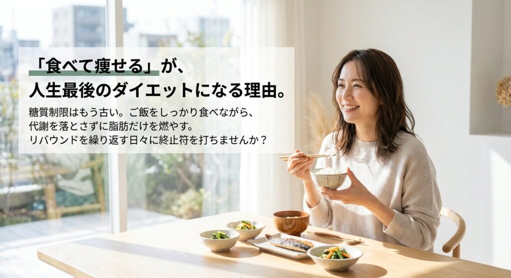 糖質制限はもう古い。ご飯をしっかり食べて代謝を維持し、リバウンドを繰り返す日々に終止符を打つPLUMEのダイエットコンセプト。