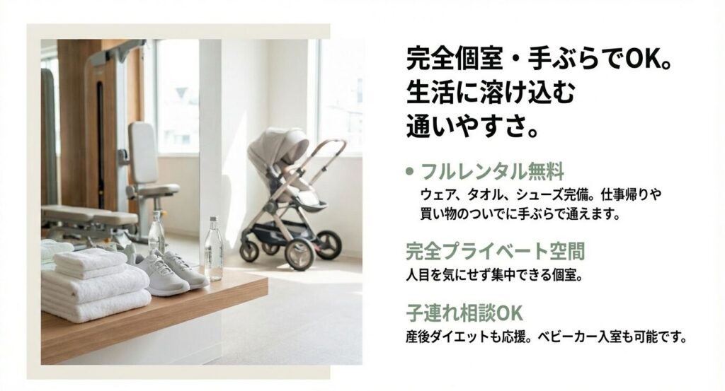 ウェアやシューズのフルレンタル無料で手ぶら通いが可能。ベビーカー入室も相談できる完全個室のプライベート空間の紹介。