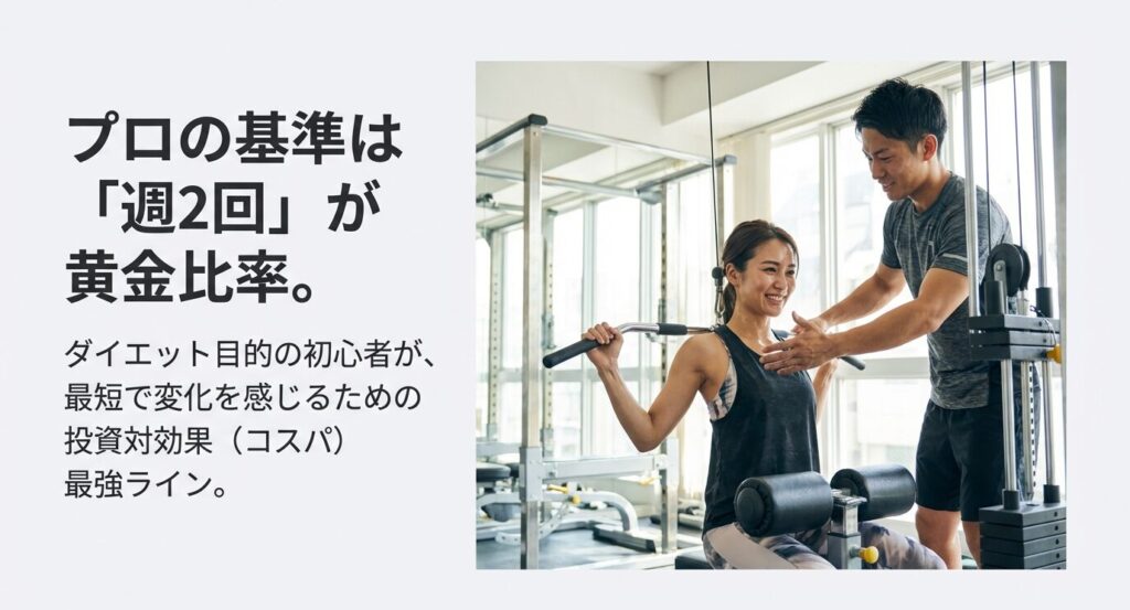 ダイエット目的の初心者が、最短で身体の変化を感じるために最も投資対効果（コスパ）が高い頻度は週2回であるというプロの基準。