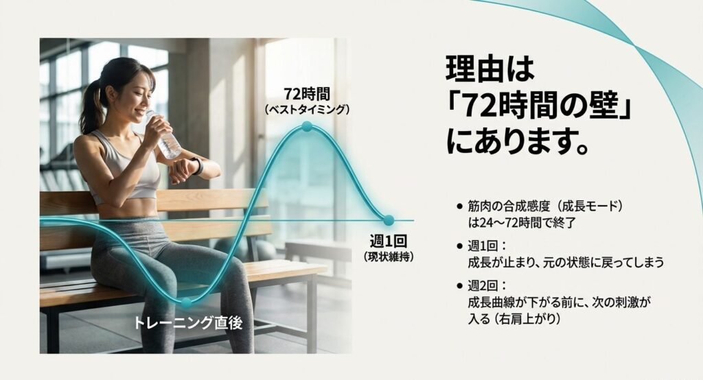 トレーニング後の筋肉の合成感度は72時間で終了するため、週1回では現状維持になりがちだが、週2回なら成長曲線が下がる前に次の刺激が入るというメカニズム。