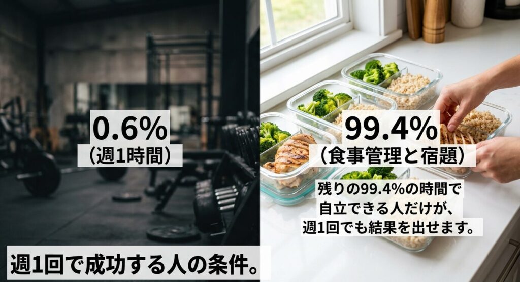 週1回のトレーニング時間（0.6%）以外の、残り99.4%の時間で行う食事管理と宿題こそが、週1回コースで結果を出すための必須条件。