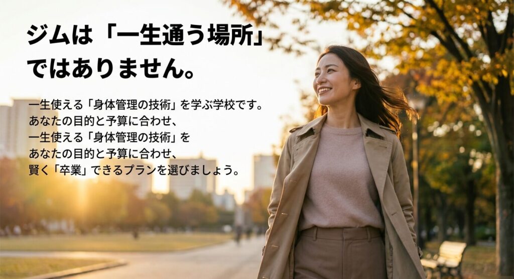 パーソナルジムの目的は通い続けることではなく、一生使える技術を学んで自立（卒業）することであるという考え方。