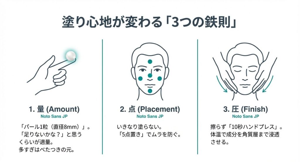 乳液の正しい塗り方3つのポイント。量はパール1粒分、顔に5点置きしてムラを防ぐ、最後に10秒ハンドプレスで浸透させる手順 。