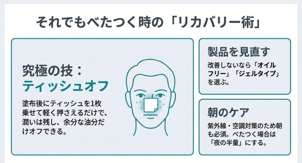 乳液がべたつく場合の3つの対策。塗布後のティッシュオフ、オイルフリー製品への見直し、朝は夜の半量にするなどの工夫 。