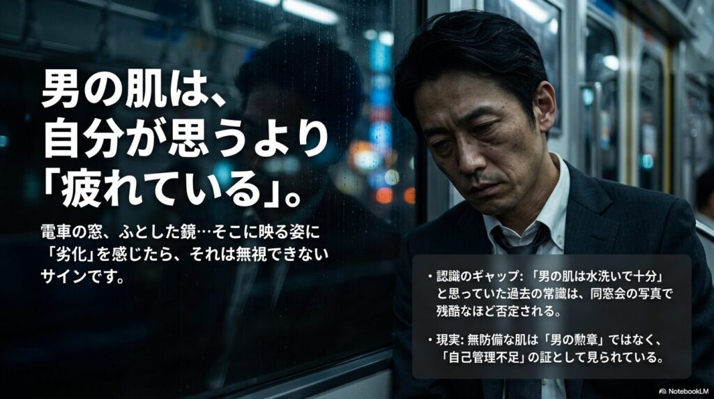 「男の肌は水洗いで十分」という過去の常識と、実際には「劣化」や「自己管理不足」と見られている現実のギャップを示した図
