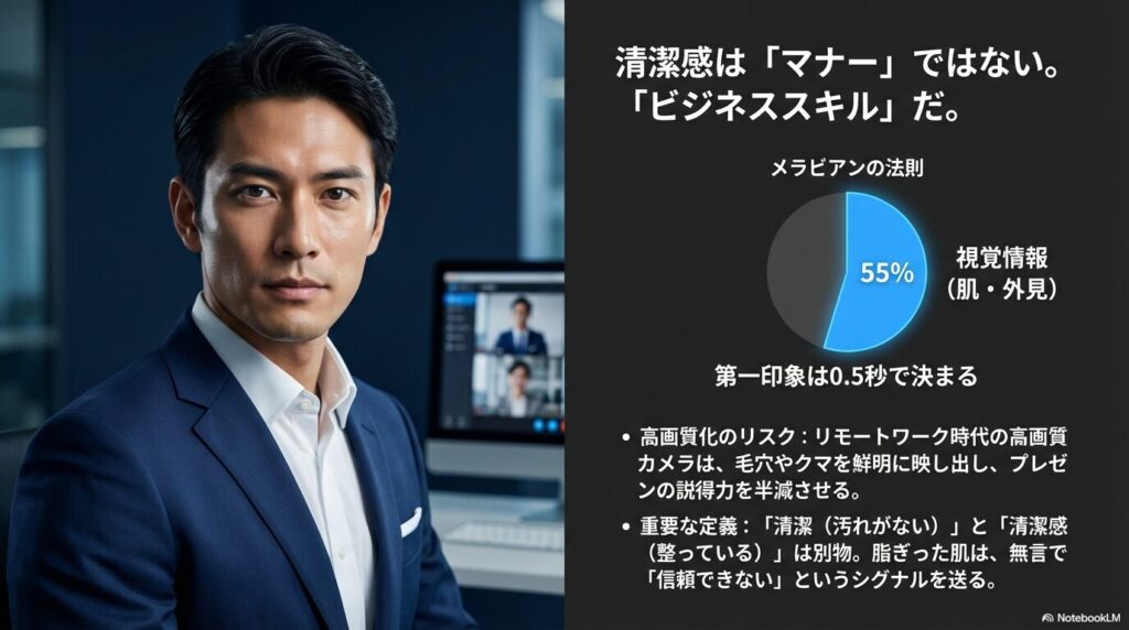 メラビアンの法則やリモートワークの高画質化により、肌の清潔感が第一印象や信頼性に直結することを解説したスライド