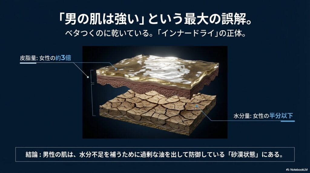 男性の肌は皮脂量が女性の3倍あるが水分量は半分以下であり、乾燥を防ぐために過剰な油が出ている「砂漠状態」であることを示した断面図