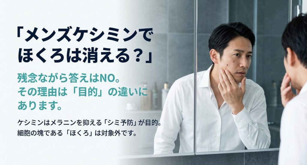 メンズケシミンはメラニンを抑える「シミ予防」が目的であり、細胞の塊であるほくろには効果がないことを解説した結論