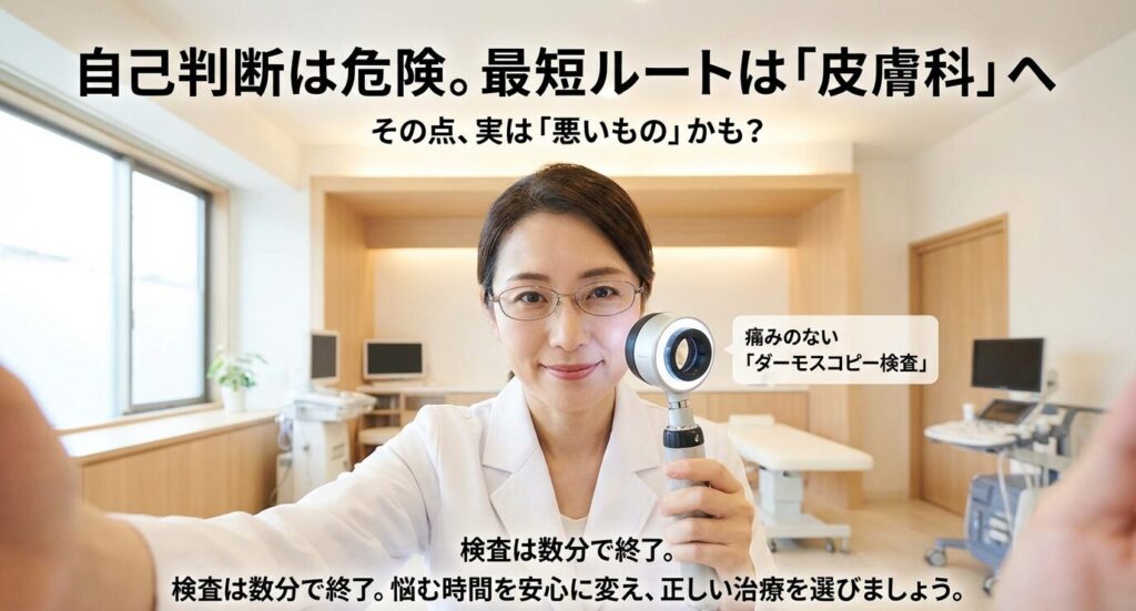 自己判断の危険性と、皮膚科での痛みのないダーモスコピー検査によって数分で良性・悪性の診断ができ、安心が得られることを示したスライド。
