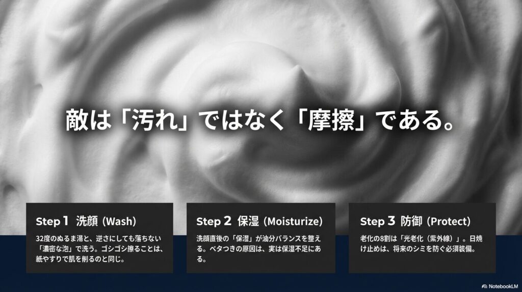 1.濃密な泡での洗顔、2.洗顔直後の保湿、3.紫外線からの防御という、肌を守るための具体的な3つのステップ解説