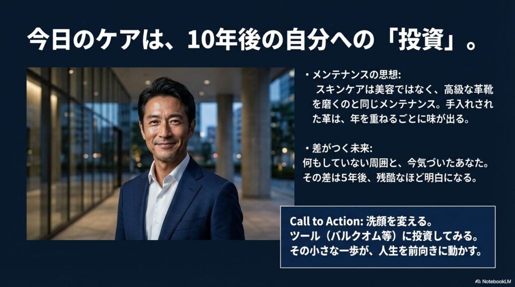 スキンケアは美容ではなくメンテナンスであり、今始めることが数年後の周囲との圧倒的な差になることを伝えるメッセージ