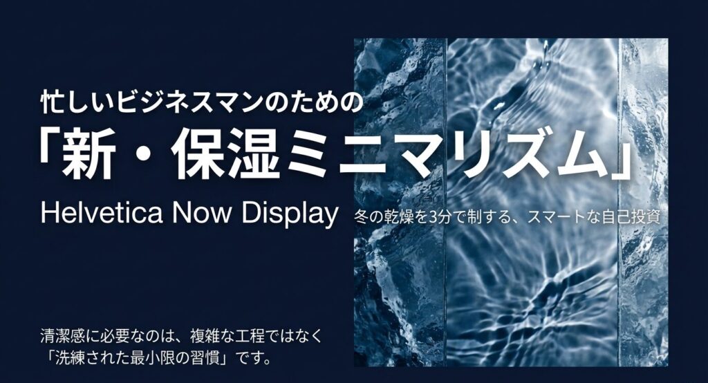 冬の乾燥を3分で制するスマートな自己投資として、洗練された最小限のスキンケア習慣を提案するイメージ画像。