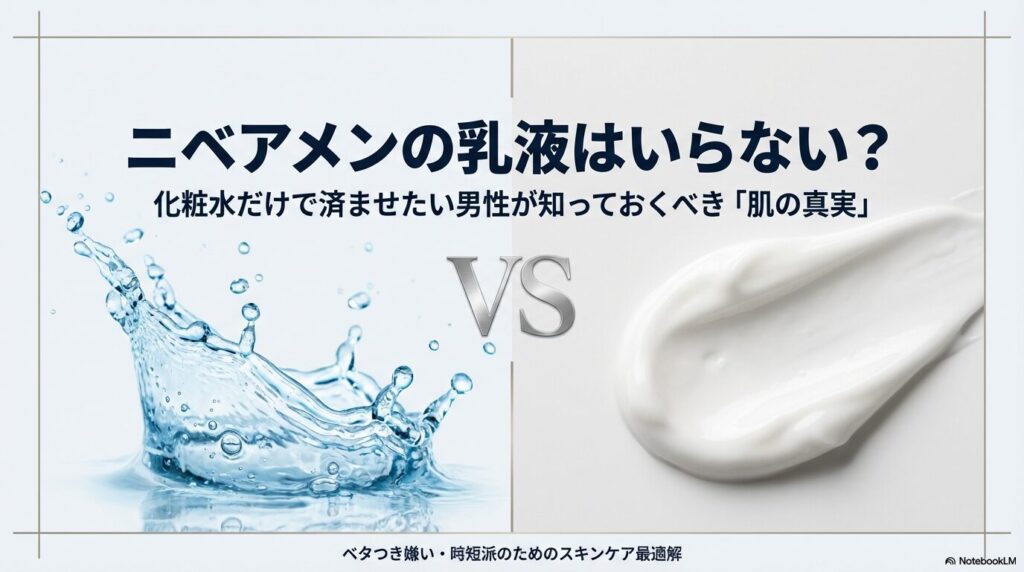 ニベアメンの乳液はいらない派の男性が抱える「化粧水だけで済ませたい」という本音と、ベタつき嫌い・時短派のためのスキンケアの対立構造図。