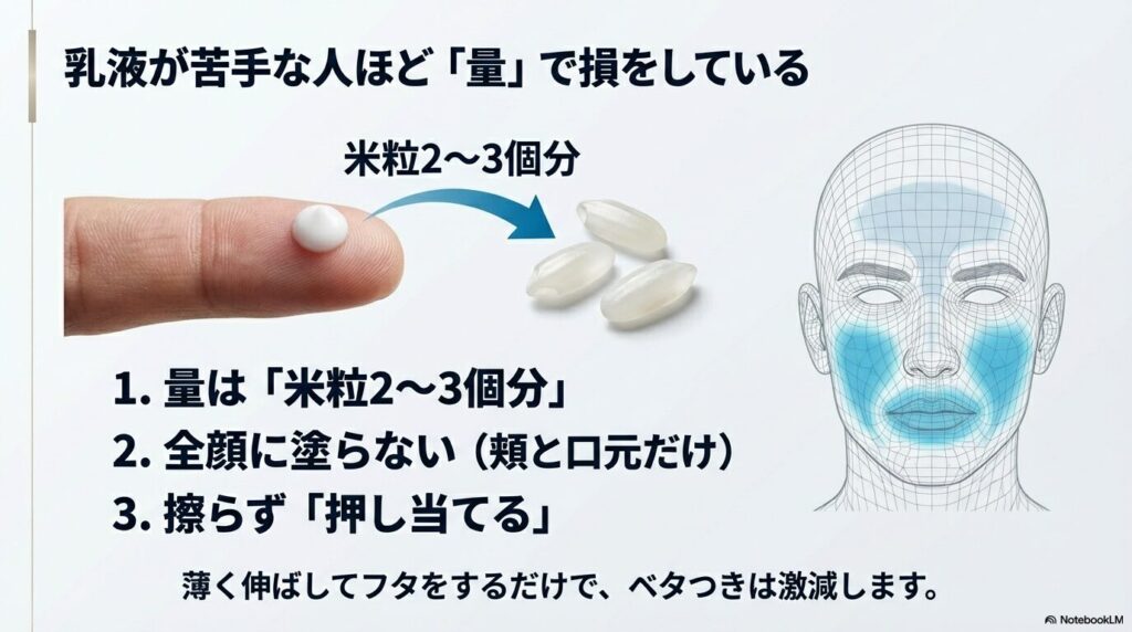 乳液が苦手な人向けの正しい使用量（米粒2～3個分）と、全顔ではなく頬と口元だけに押し当てる「擦らない」塗り方の3ステップガイド。