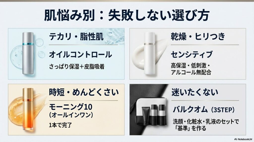 ニベアメンで迷う人向けの解決策としてのバルクオム3段階スキンケア（洗顔・化粧水・乳液）と、3STEPで管理するメリットの解説。