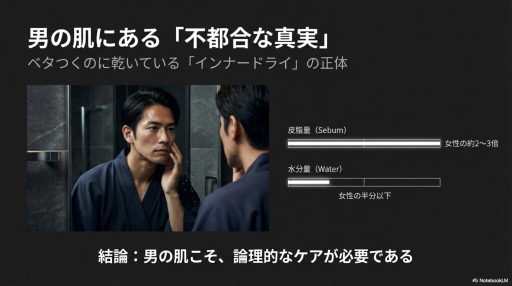 男性の肌は女性に比べて皮脂量が約3倍もある一方で、水分量は半分以下しかないという「インナードライ」のデータ比較と、論理的なケアの必要性。